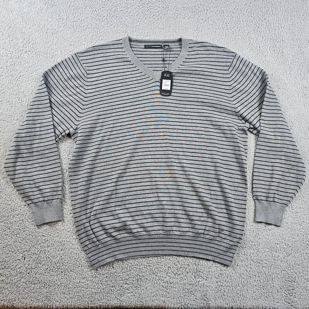 Greg Norman Sweater Mens 2XL XXL Gray Cotton Golf Striped Pullover V Neck Casual